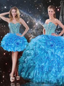 Fantastic Baby Blue Organza Lace Up Quinceanera Gown Sleeveless Floor Length Beading and Ruffles