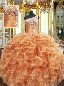 Fantastic Orange Lace Up One Shoulder Beading and Ruffles Quinceanera Dresses Organza Sleeveless