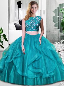 Scoop Sleeveless Zipper Quinceanera Gown Teal Tulle