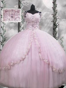 Tulle V-neck Cap Sleeves Brush Train Side Zipper Beading and Appliques Quinceanera Gown in Lilac