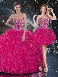 Hot Pink Sweetheart Lace Up Beading and Ruffles Quince Ball Gowns Sleeveless