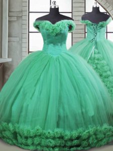 Super Turquoise Lace Up Off The Shoulder Hand Made Flower Quinceanera Gown Fabric With Rolling Flowers Sleeveless Brush Train
