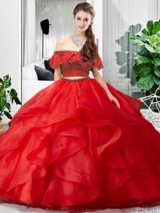 Beauteous Red Two Pieces Tulle Off The Shoulder Sleeveless Lace and Ruffles Floor Length Lace Up Ball Gown Prom Dress