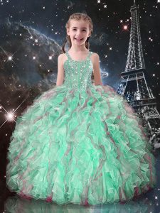 Graceful Floor Length Turquoise Little Girls Pageant Dress Straps Sleeveless Lace Up