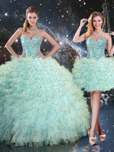 Custom Fit Turquoise Ball Gowns Sweetheart Sleeveless Organza Floor Length Lace Up Beading and Ruffles 15 Quinceanera Dress