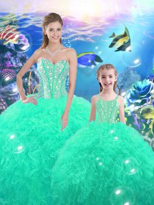 Custom Made Turquoise Ball Gowns Sweetheart Sleeveless Organza Floor Length Lace Up Beading and Ruffles Sweet 16 Dress