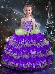 Stylish Straps Sleeveless Organza Child Pageant Dress Beading and Ruffled Layers Lace Up