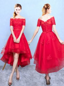 Shining Wine Red Lace Up Off The Shoulder Appliques Quinceanera Court of Honor Dress Organza Half Sleeves