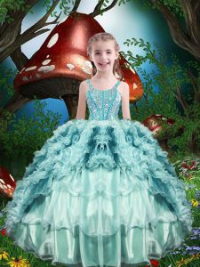 Sleeveless Organza Floor Length Lace Up Little Girl Pageant Dress in Aqua Blue with Beading and Ruffles and Ruffled Layers