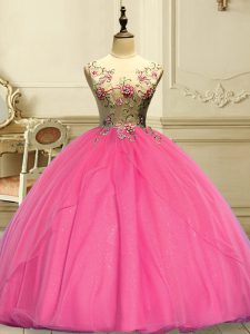 Scoop Sleeveless Quince Ball Gowns Floor Length Appliques Rose Pink Organza