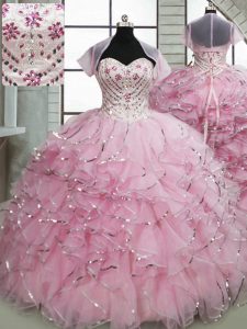 Low Price Baby Pink Sweetheart Lace Up Beading and Ruffles Sweet 16 Dresses Brush Train Sleeveless