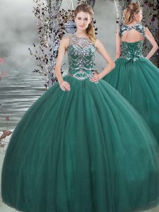 Dark Green Ball Gowns Scoop Sleeveless Tulle Floor Length Lace Up Beading Quince Ball Gowns