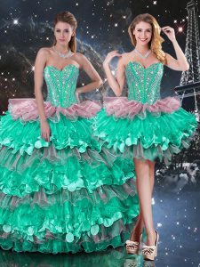 Eye-catching Sleeveless Floor Length Beading and Ruffles and Ruffled Layers Lace Up Quinceanera Dress with Multi-color