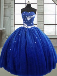 Royal Blue Lace Up Strapless Beading Ball Gown Prom Dress Tulle Sleeveless