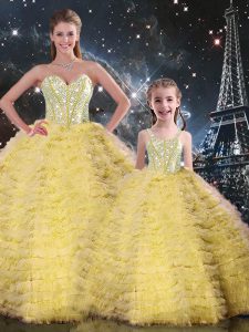 Shining Yellow Sweetheart Neckline Beading and Ruffles Quinceanera Dresses Sleeveless Lace Up