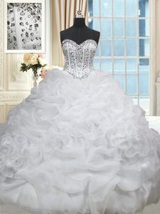 Fantastic White Sleeveless Beading and Pick Ups Lace Up Quince Ball Gowns