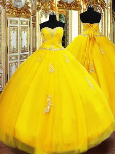 Pretty Tulle Sweetheart Sleeveless Lace Up Beading and Appliques Quinceanera Gown in Gold