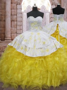 Yellow And White Ball Gowns Sweetheart Sleeveless Organza Brush Train Lace Up Beading and Appliques and Ruffles Quinceanera Dress