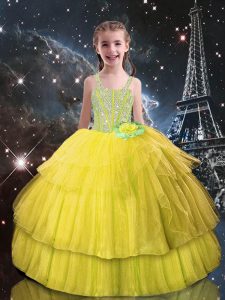 Light Yellow Sleeveless Beading and Ruffled Layers Floor Length Pageant Dress for Girls