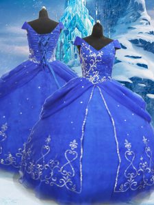 Custom Designed Blue Tulle Lace Up Sweet 16 Dresses Short Sleeves Floor Length Beading and Appliques