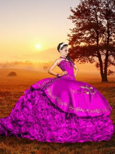 Sumptuous Sleeveless Embroidery and Ruffles Lace Up 15th Birthday Dress with Fuchsia Brush Train