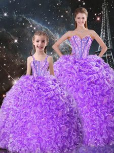 Beautiful Lavender Ball Gowns Beading and Ruffles Quince Ball Gowns Lace Up Organza Sleeveless Floor Length