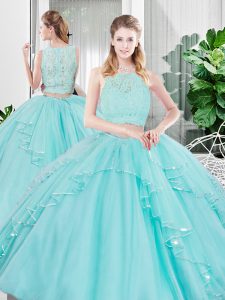 Aqua Blue Sleeveless Tulle Zipper Quinceanera Gowns for Military Ball and Sweet 16 and Quinceanera