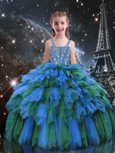 Blue Sleeveless Floor Length Beading and Ruffles Lace Up Pageant Dress Toddler