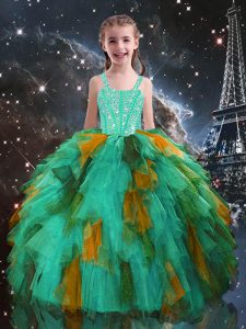 Turquoise Ball Gowns Straps Sleeveless Tulle Floor Length Lace Up Beading and Ruffles Child Pageant Dress