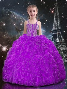 Elegant Sleeveless Floor Length Beading and Ruffles Lace Up Kids Pageant Dress with Eggplant Purple