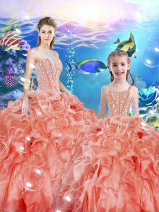 High End Sleeveless Organza Floor Length Lace Up 15 Quinceanera Dress in Watermelon Red with Beading and Ruffles