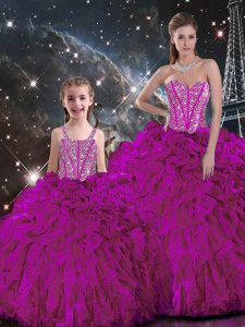 Floor Length Lace Up Sweet 16 Dresses Fuchsia for Military Ball and Sweet 16 and Quinceanera with Beading and Ruffles