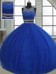 Glorious Royal Blue Tulle Clasp Handle Scoop Sleeveless Floor Length Quinceanera Dress Beading and Sequins
