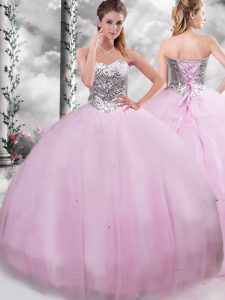 Sleeveless Beading Lace Up Quinceanera Gowns with Lilac Brush Train