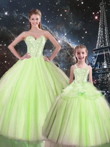 Yellow Green Ball Gowns Sweetheart Sleeveless Tulle Floor Length Lace Up Beading Sweet 16 Dresses