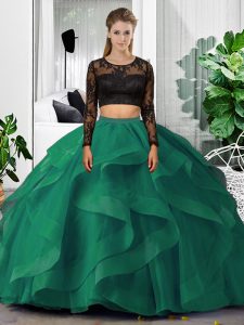Beauteous Tulle Scoop Long Sleeves Backless Lace and Ruffles Sweet 16 Dresses in Dark Green