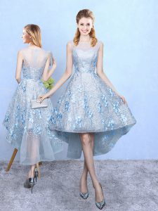 Light Blue Zipper Scoop Appliques Quinceanera Court of Honor Dress Tulle and Printed Sleeveless