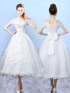 Beauteous Scoop Short Sleeves Dama Dress for Quinceanera Ankle Length Beading and Lace and Bowknot White Tulle