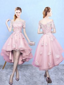 Fashion Short Sleeves High Low Lace Lace Up Quinceanera Dama Dress with Baby Pink