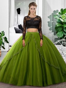 Deluxe Olive Green Long Sleeves Lace and Ruching Floor Length Quinceanera Gown
