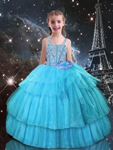 Eye-catching Aqua Blue Straps Lace Up Beading and Ruffled Layers Pageant Gowns For Girls Sleeveless