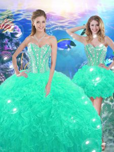 High Low Turquoise Quinceanera Dress Organza Sleeveless Beading and Ruffles