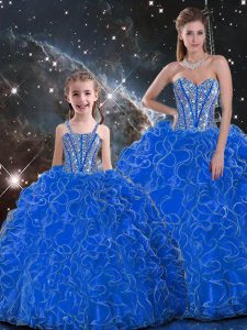 Floor Length Lace Up 15th Birthday Dress Blue for Military Ball and Sweet 16 and Quinceanera with Beading and Ruffles