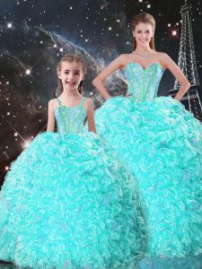 Cheap Turquoise Sleeveless Floor Length Beading and Ruffles Lace Up Ball Gown Prom Dress