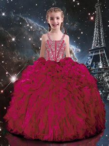 Floor Length Hot Pink Little Girls Pageant Dress Wholesale Organza Sleeveless Beading and Ruffles