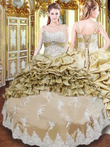 Top Selling Champagne Ball Gowns Beading and Appliques and Ruffled Layers and Pick Ups Quinceanera Gown Lace Up Taffeta Sleeveless Floor Length