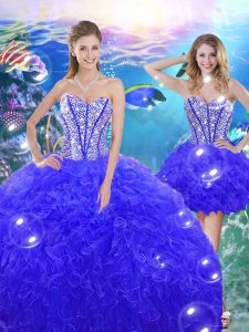 Beautiful Floor Length Lace Up Sweet 16 Dresses Blue for Military Ball and Sweet 16 and Quinceanera with Beading and Ruffles
