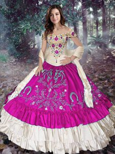 Fitting Ball Gowns 15th Birthday Dress Fuchsia Off The Shoulder Taffeta Sleeveless Floor Length Lace Up