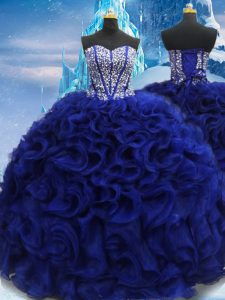 Royal Blue Fabric With Rolling Flowers Lace Up Sweetheart Sleeveless Floor Length Ball Gown Prom Dress Beading