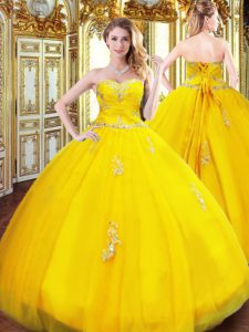 Hot Sale Ball Gowns Quinceanera Gown Gold Sweetheart Tulle Sleeveless Floor Length Lace Up